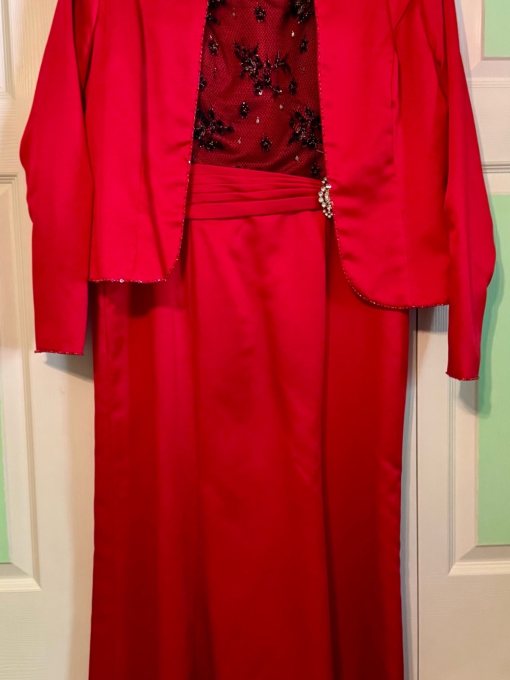 Elegant Red Beaded Wedding Guest Dress and Jacket Set